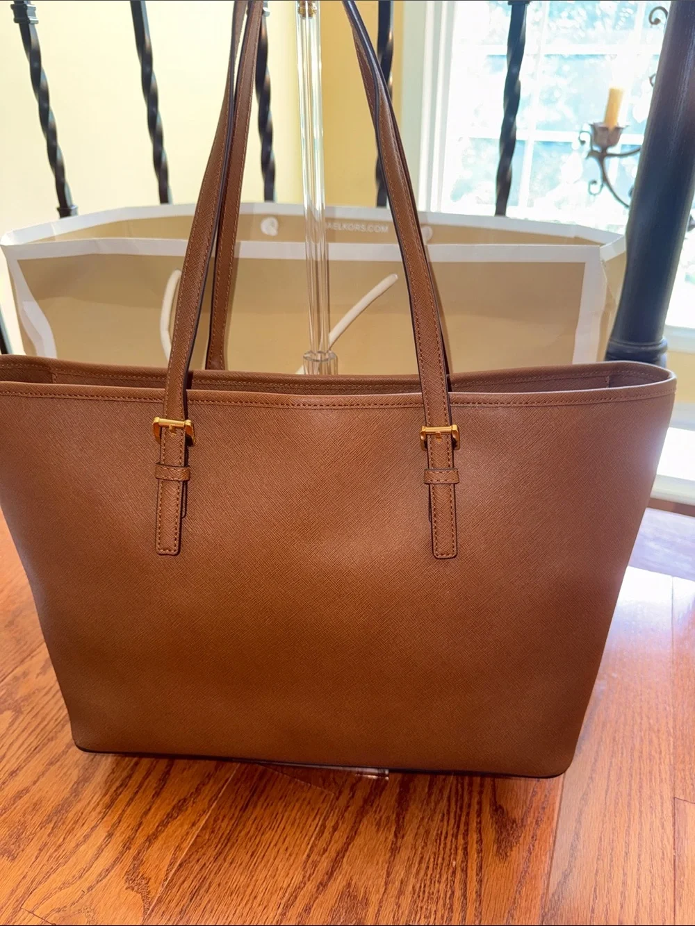 Michael Kors Brown Saffiano Tote with Gold Logo Charm